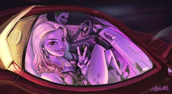 Joker And Harley Quinn In The Car Artwork 8k