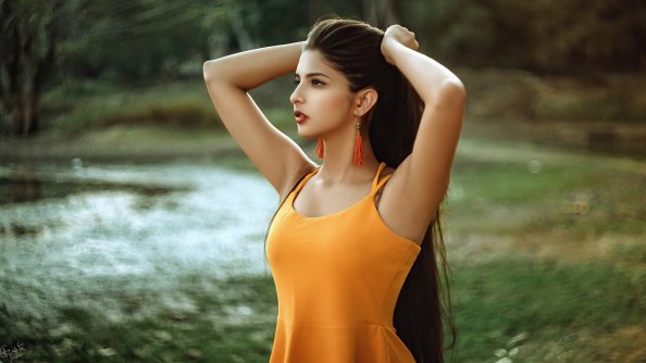 Girl In Orange Dress Hands Back Hair 4k