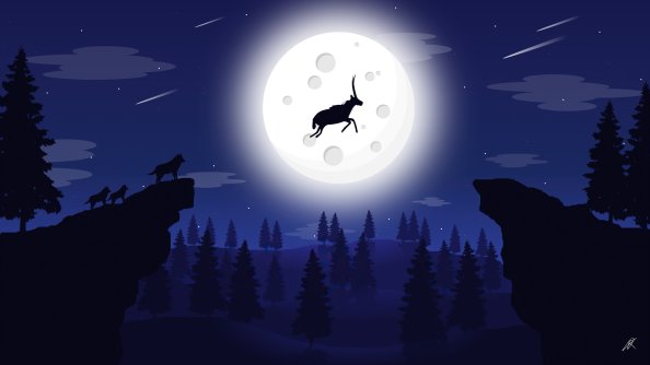 Reindeer Wolf Full Moon Night Illustration