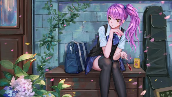 Cute Anime School Girl Pink Hairs Sitting On Bench 8k