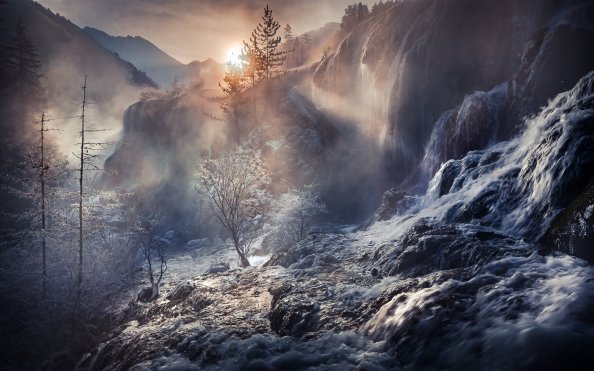Fog Nature Sunbeam Waterfall Winter