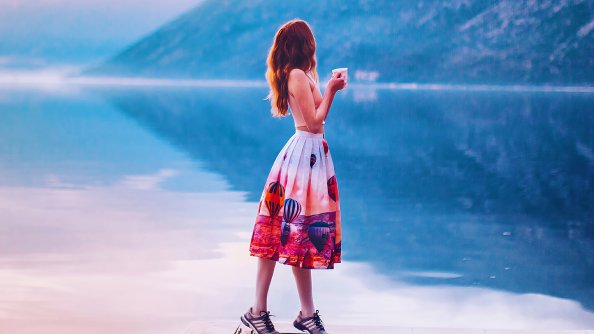 Girl Standing With Coffee Mug Pier Side