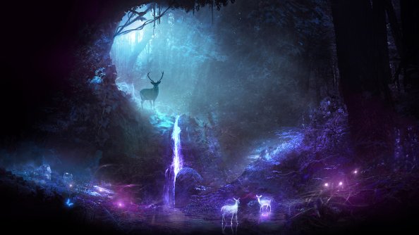Deer Animal Night Fantasy Waterfall