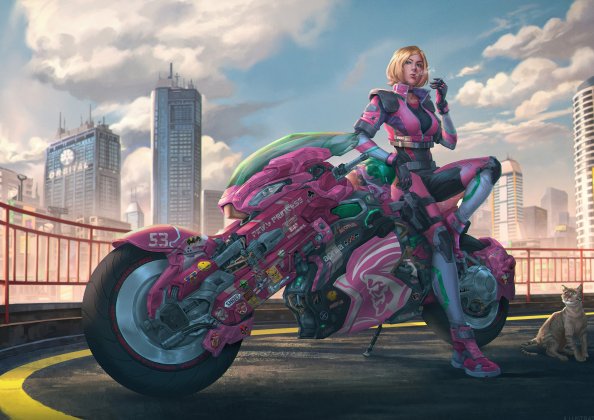 Cyberpunk Girl With Bike Cat