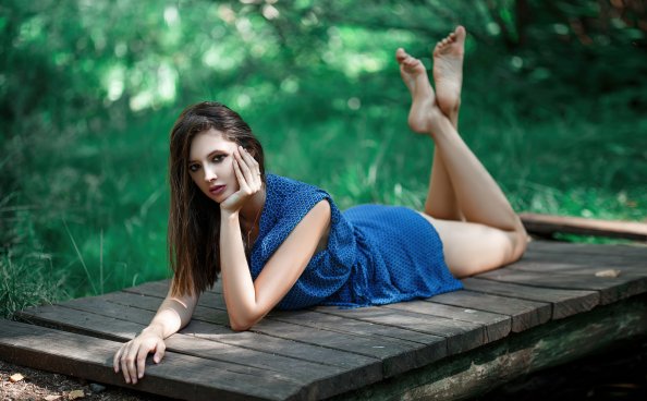Girl Lying Down Blue Dress 4k