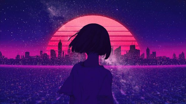 Synthwave Night Sunset Anime Girl 4k