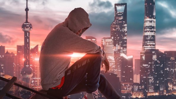 Hoodie Boy Sitting Alone At House Top 4k