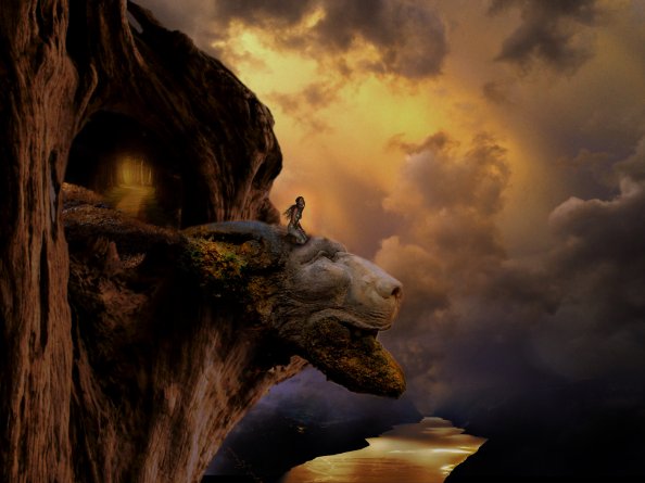 Fantasy Lion Head Artistic Top View Mountains