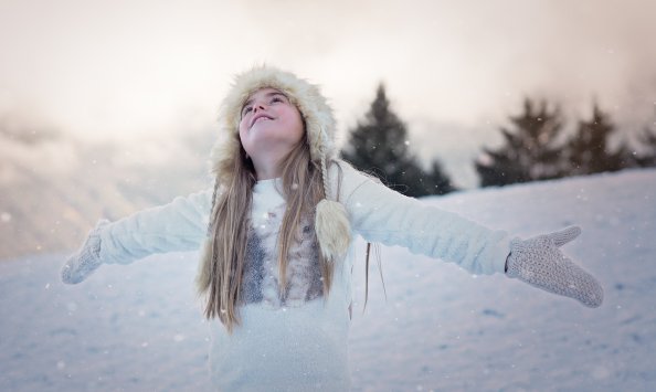 Girl Wearing Cap Gloves Snow Playing