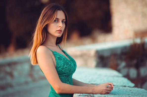 Blonde Hair Green Dress Girl Roof Looking At Viewer