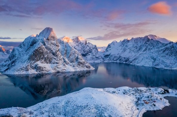 Norway Lofoten Mountains Winter Bay Snow