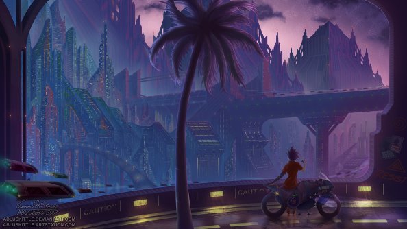 Sitting On Bike Futuristic City Tree Fantasy Digital Art