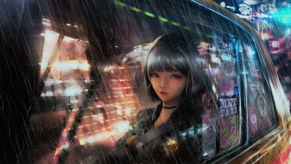Anime Girl In Taxi Raining 4k