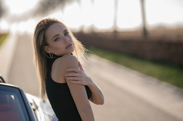 Blonde Girl Looking Back Car Outdoor 4k