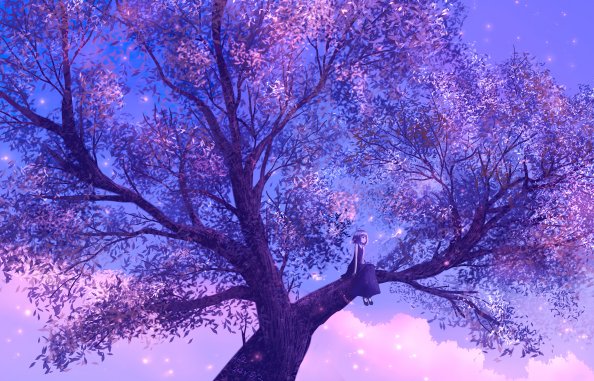 Anime Girl Sitting On Purple Big Tree 4k