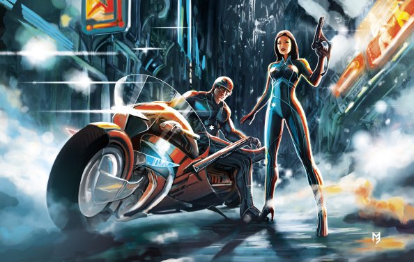 Scifi Futuristic Warrior Girl And Boy With Bike