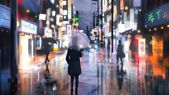 Street Raining Umbrella Girl 4k