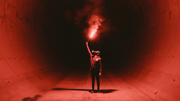 Man Lightning Flare In Cave