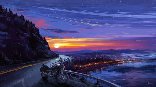 Motorcyle Digital Art Sunset Artwork