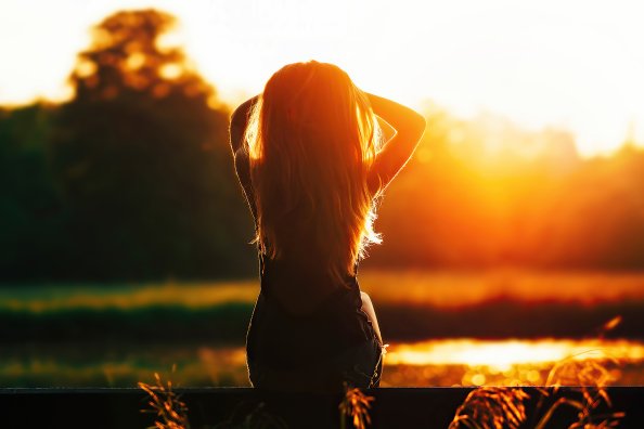 Girl Sitting Looking At Sunset Silhouette 4k