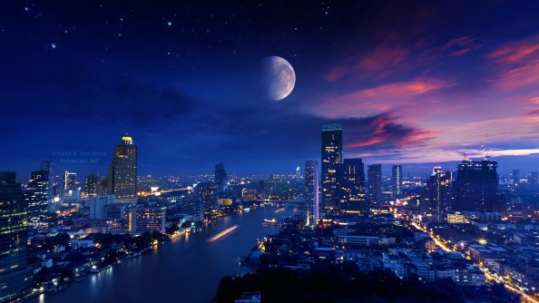 City Lights Moon Vibrant 4k