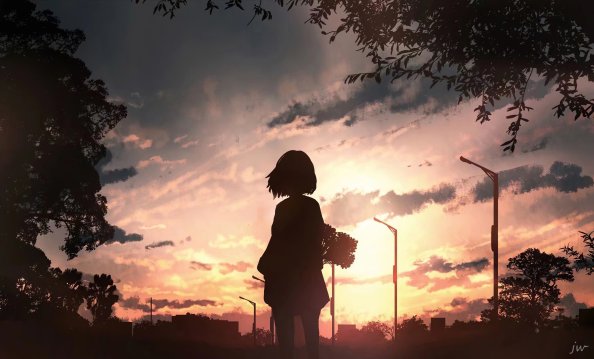 Anime Girl With Flowers Looking Towards Sunset