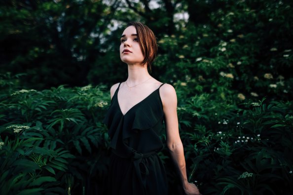 Brunette Black Dress Girl In Nature