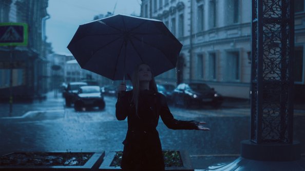 Girl With Umbrella Enjoying Rain