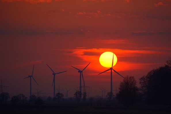 Wind Turbines Evening Sunlight Energy Sunset