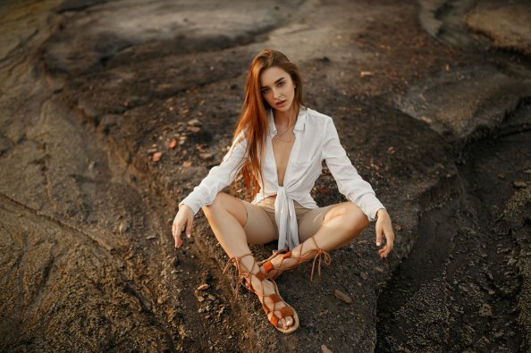 Long Hair Women Redhead Sitting On Stones 4k