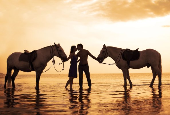 Couple With Horses On Beach 4k