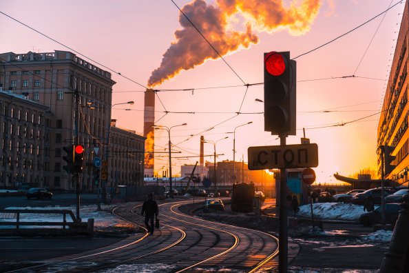 Morning City Traffic Lights Smoke Train Industry Chimney