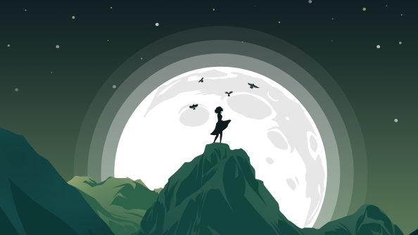 Girl Mountain Top Birds Flying Around Her Minimalist