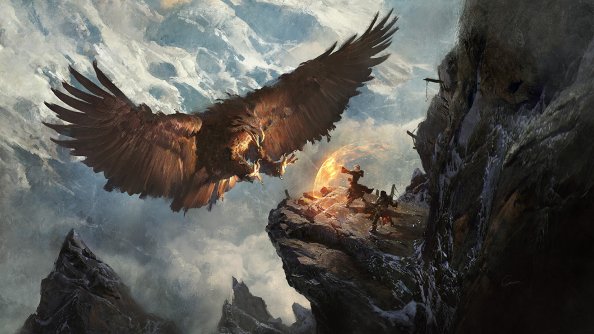 Giant Eagle Vs Knight Mage Mountains Fantasy Landscape