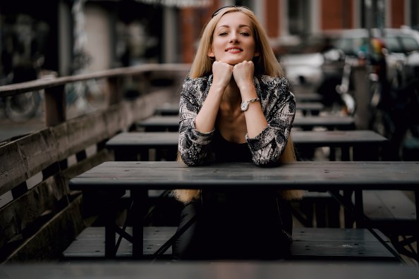 Girl Sitting Bench Smiling 4k