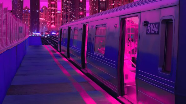 Train Neon Synthwave Buildings 5k