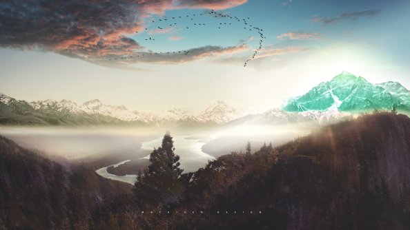 Photo Manipulation Mountains Clouds River Snow Sunset Concept Digital Art 4k