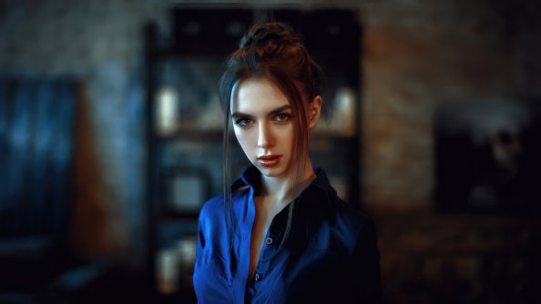 Blue Shirt Girl Brunette 4k