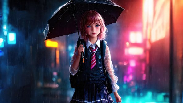 Little Girl With Umbrella Rain Coming Back From School