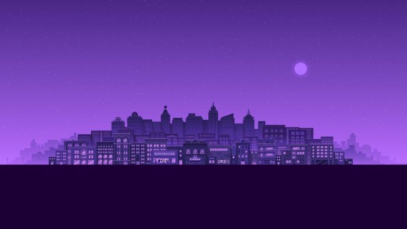 Purple Moon Stars Buildings City Minimal 4k