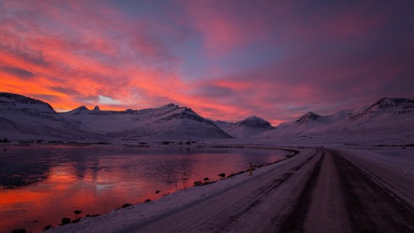Sunset Beach Snow Mountains