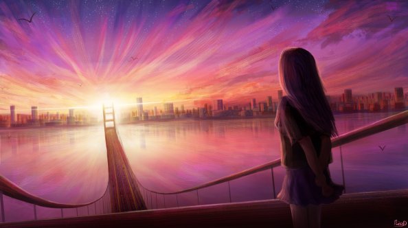 Girl Bridge Cityscape Digital Art 4k