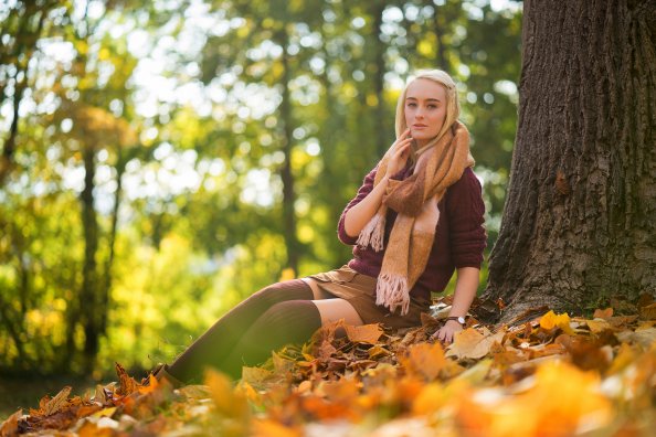 Blonde Girl Sitting Autumn 4k