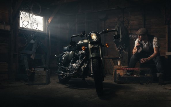 Biker Smoking Garage