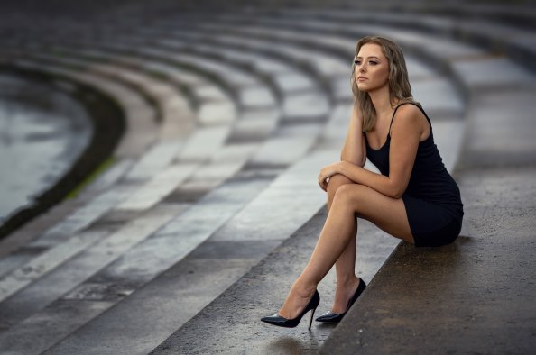 Girl Black Dress Sitting On Stairs 8k