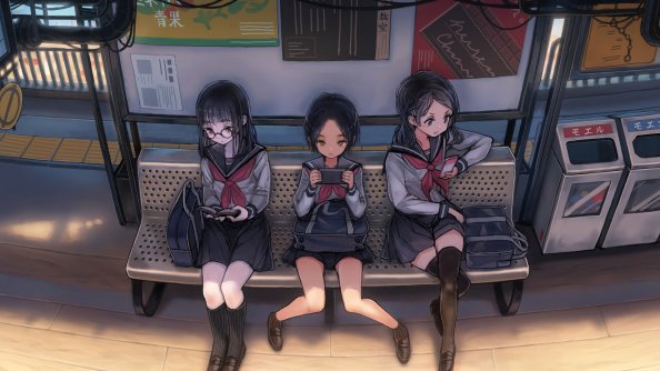 Anime Schoool Girls On Phones Waiting For Bus 4k