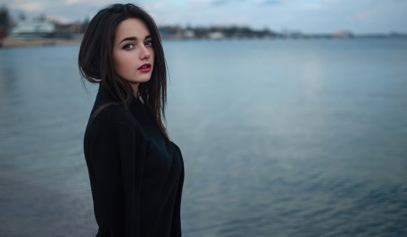 Cute Girl Black Hair Red Lips Outdoor Waterbody 4k