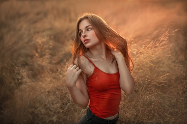 Girl Red Top Blonde Hair 4k