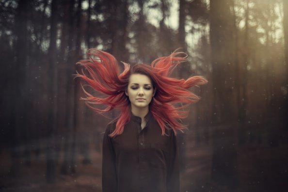 Red Dyed Hair Girl Flying Closed Eyes