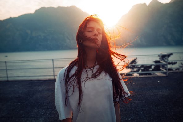 Morning Time Girl Hairs In Face Closed Eyes Outdoor 4k